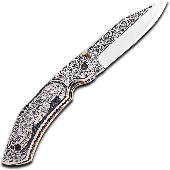 FOL-3153 Premium Hand Engraved Folding Pocket Knife Durable D2 Steel Hunting Knife