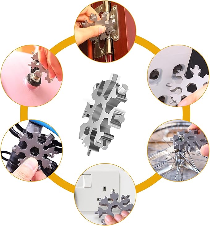 Snowflake Multitool, 1 Pieces 18-in-1 Stainless Steel Snowflake Standard Multitool, Snowflake Tool with Key Ring, Carabiner Clip and Gift Bag (Silver)