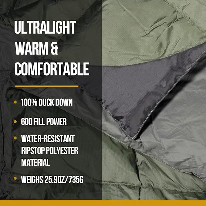 OneTigris Down Camping Blanket for Cold Weather Packable Puffy Backpacking Lightweight Quilt Hiking Gardening Travel Beach Picnic (OD Green)