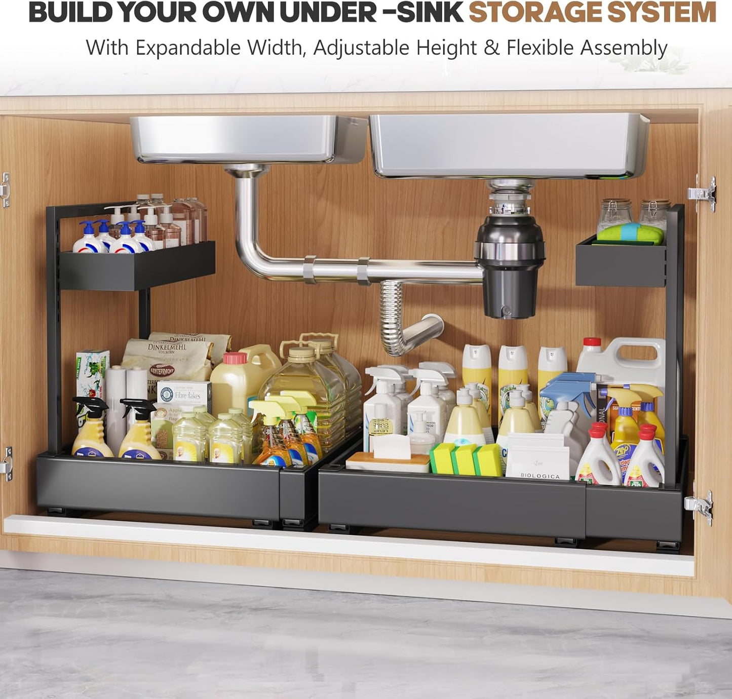 1-Pack L-Shape Expandable Under Sink Organizer with 3 Ball-Bearing Slide Rails,2-Tier Pull-Out Under Cabinet Storage Shelf for Kitchen & Bathroom,Height-Adjustable Slide-Out Cabinet Drawer-Black