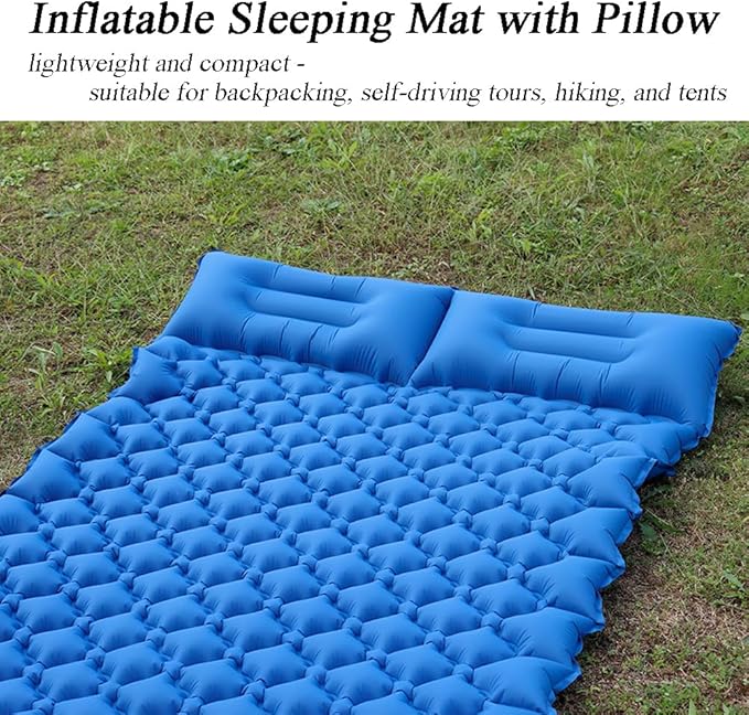 Sleeping Pad for Camping, Inflatable Sleeping Mat with Pillow, Camping Pad with Built-in Foot Pump, Lightweight Camping Mattress Pad for Car Camping, Backpacking, Tent and Hiking (Single (Blue))
