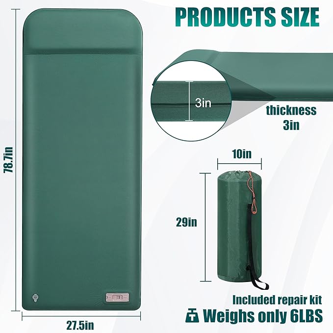 OUTSKIRT Sleeping Pad for Camping with Built-in Pump, Camping Mattress with Memory Foam, Easy to Inflate/Deflate Air Mattress for Camping and Other Outdoor Adventures,Green