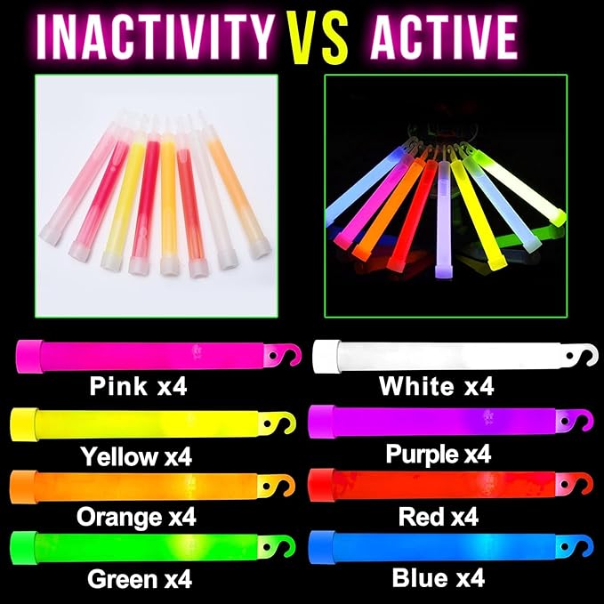 TURNMEON [ Ultra Bright ] 32 Pack 6" Glow Sticks Emergency Bulk Party Pack, 8 Color Neon Light Sticks Glow in The Dark, Waterproof Glow Accessories for Survival, Camping, Parties, Decorations