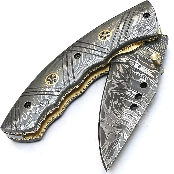 PAL 2000 KNIVES FOL-9032 Custom Handmade Damascus Steel Folding Pocket Knife Damascus Handle with Sheath