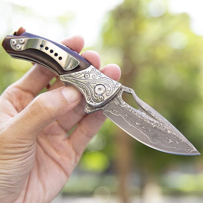 Japanese handmade vg10 damascus steel folding knife with pocket clip,leather sheath,rosewood handle knives for men