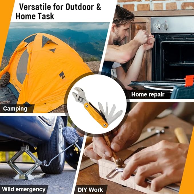 Hoteche MultiTool 7-in-1 Multi-Function Aluminum Handle Adjustable Wrench with Stainless Steel File, Saw, Screwdriver, Bottle Opener, Pocket Knife l for DIY, Outdoor and Household Repairs