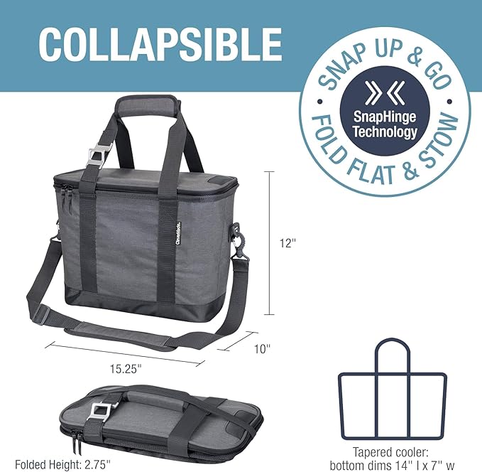 CleverMade Collapsible Cooler Bag, 30 Can Beach & Travel Car Cooler, Folding, Shoulder Strap, Bottle Opener, Great Car Coolers for Travel, Cleans Easy, Leak Proof Bag [Heather Cool Gray/Shadow Gray]