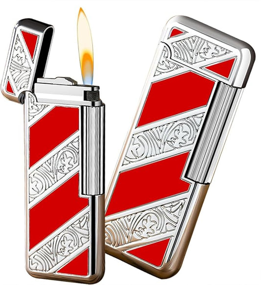 Open Flame Lighter, Classic Retro Lighter, Adjustable Open Fire Butane Flame Lighter, Slide Sliding Wheel Ignition Lighter for Kitchen, Indoor, Outdoor, Grill, Men's Gifts (Red Silver)