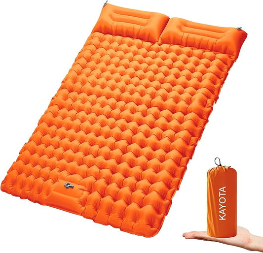 Double Sleeping Pad for Camping Inflatable 2 Person Sleeping Mat with Built-in Pump, Foot Press Ultralight Extra Thick Camping Mat with Pillow for Backpacking, Traveling, Hiking, Durable & Waterproof