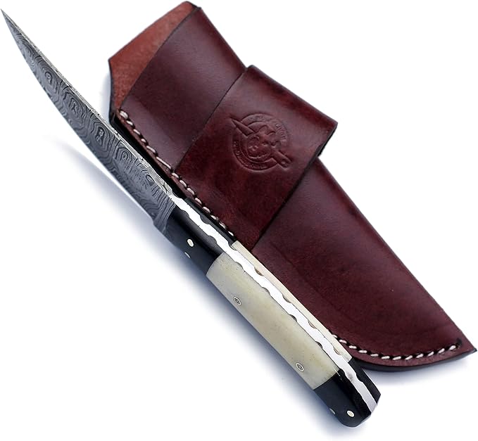 Handmade Damascus Steel Knife Bowie for Edc,Hunting,Survival,Camping,Bushcraft and Fishing-Fixed Blade with Drop point Blade Full Tang Bone Handle with Cowhide-Leather Sheath - WKD-774