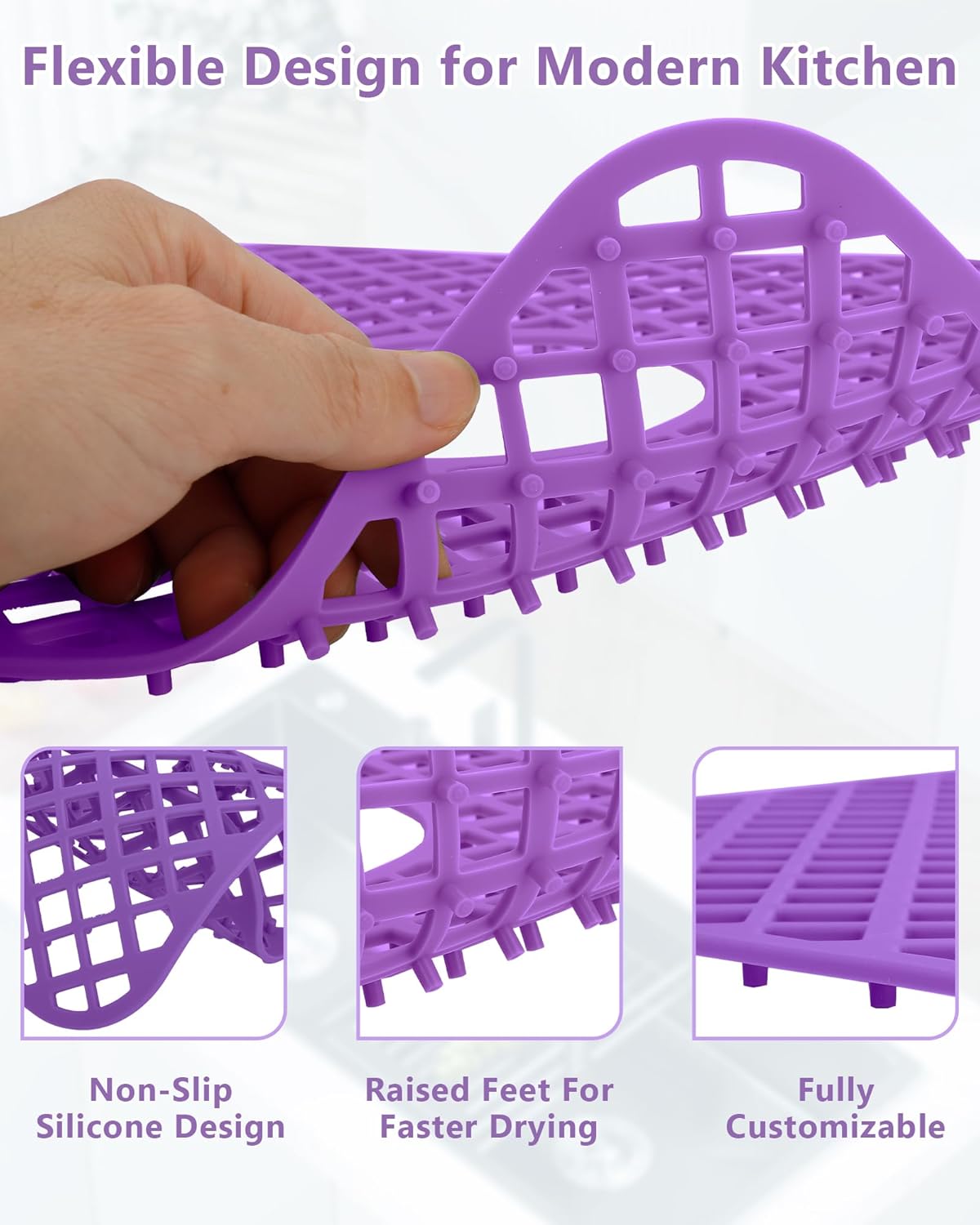 2 Pack Silicone Sink Protectors for Kitchen Sink, Lozenge Pattern 13 x 11 Inches Sink Mat, Non-Slip and Durable Sink Protector Silicone, Rear Drain, Purple
