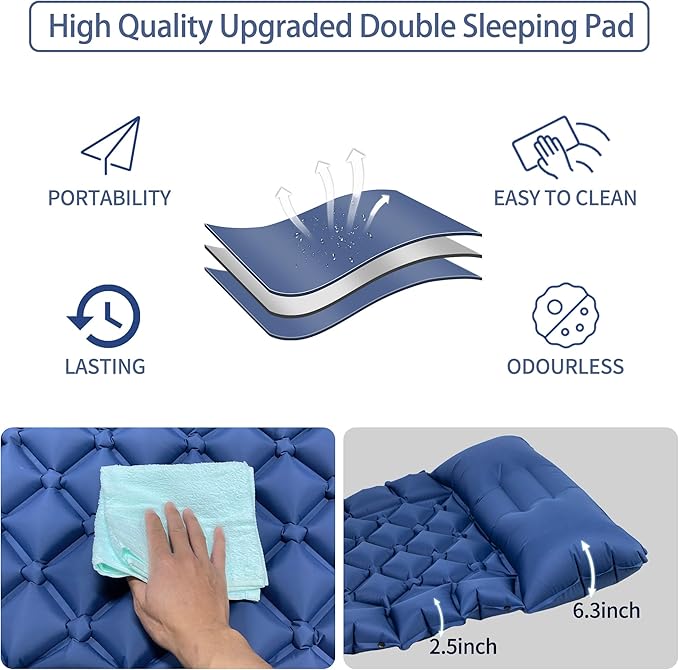 Single Sleeping Pad for Camping, Ultralight Inflatable Sleeping Mat with Pillow and Built-in Foot Pump, Portable Camping Mattress for Tent, Backpacking, Hiking, Traveling（Blue）