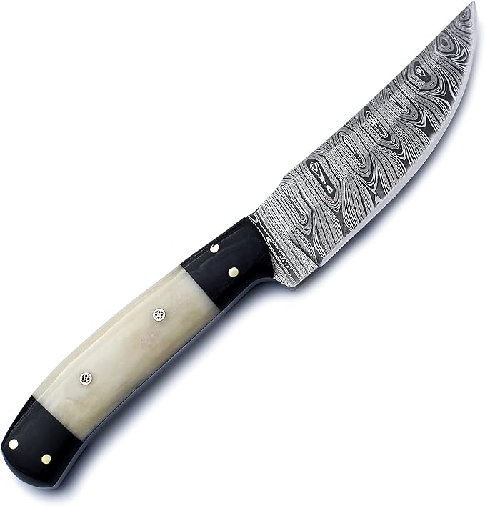 Handmade Damascus Steel Knife Bowie for Edc,Hunting,Survival,Camping,Bushcraft and Fishing-Fixed Blade with Drop point Blade Full Tang Bone Handle with Cowhide-Leather Sheath - WKD-774