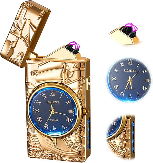 Electronic Lighter Electric lighters Rechargeable Flameless Windproof Plasma Lighter with Battery Indicator Cool lighters for Candle Candles, Fireworks, Camping, Hiking, Adventure(Gold)