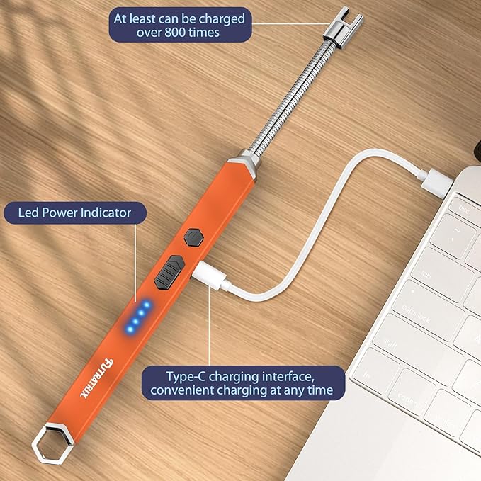 Electronic Candle Lighter Arc Windproof Flameless USB Rechargeable Electric Lighter (1 Pack - Orange)