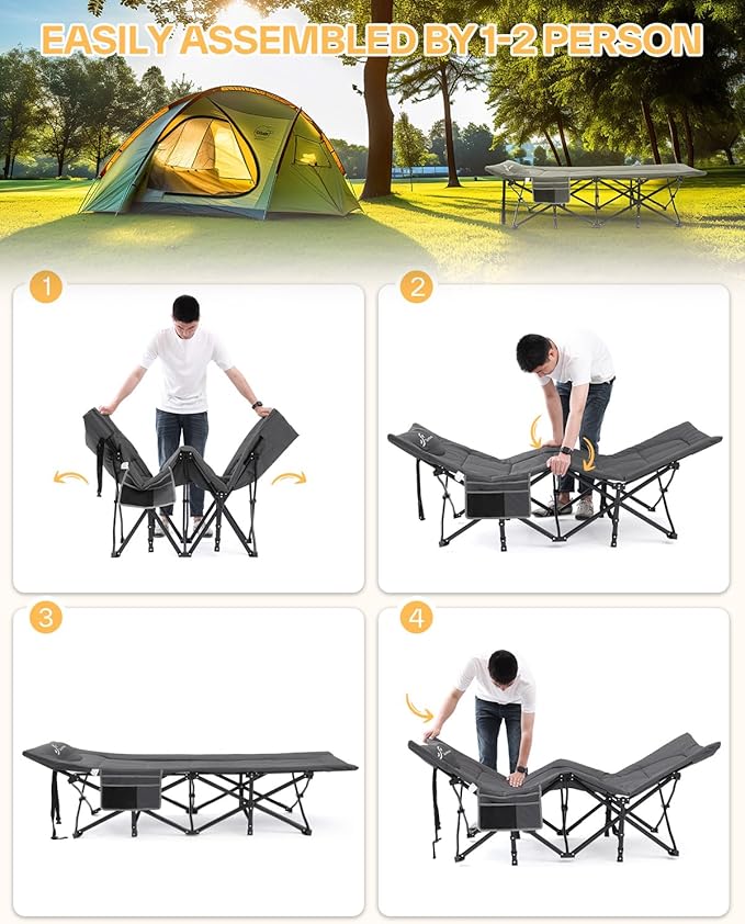 Sportneer Camping Cots for Adults, Sleeping Cot with Cushion Max Load 450 LBS Heavy Duty Folding Camping Sleeping Cot with Padded for Camping Tent Office Sleep Over (Grey, 73" Lx27 Wx14.5 H)