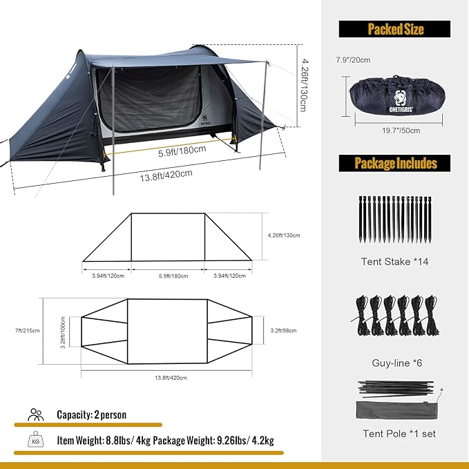 OneTigris COMETA Camping Tent, Detachable Inner Mesh Tent & Portable Carry Bag Included, Easy Setup, Waterproof Windproof Tunnel Tent for Outdoors Camping Canoeing Beach Travel Picnic