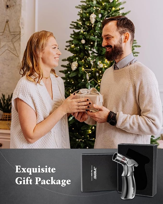 Torch Lighter, Adjustable 4 Jet Flame Refillable Butane Fuel Lighter Windproof Mini Butane Torch Lighter for Grill BBQ Gas Fireplace Fire Camping (Butane Gas Not Included) (Black)