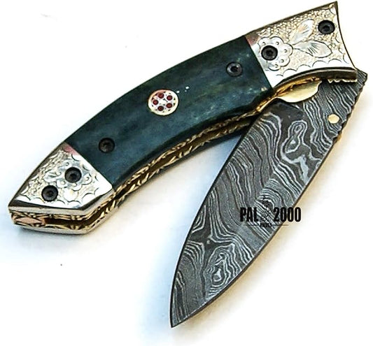PAL 2000 KNIVES FOL-9455 Handmade Damascus Blade Hunting knife 7.4 Inches Folding Pocket Knife Stained Camel Bone Handle