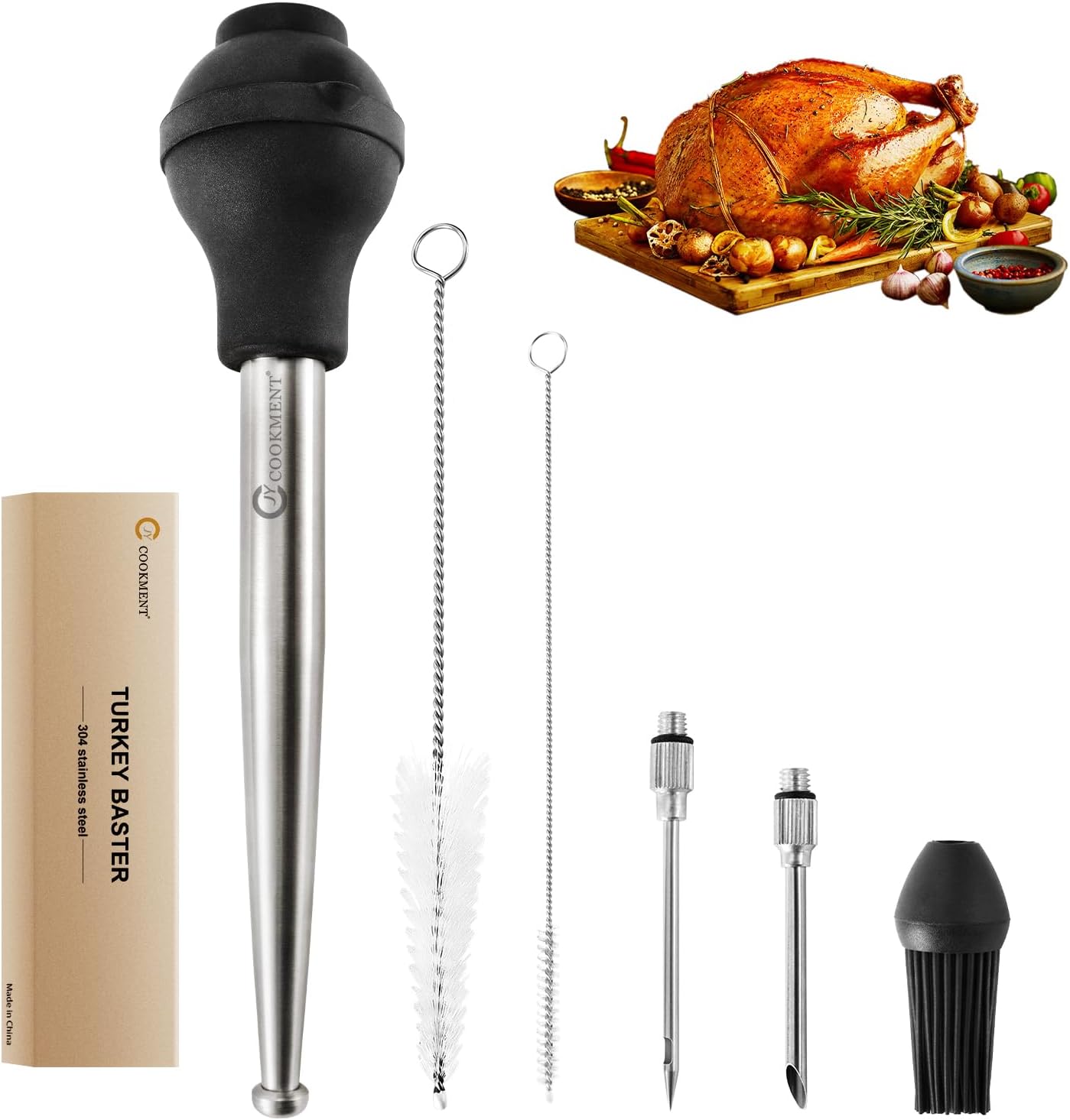 JY COOKMENT Stainless Steel Turkey Baster Baster Syringe for Cooking Meat Injector Set with 2 Marinade Needles 1 Basting Brush1 Cleaning Brush for Home Baking Kitchen Tool,2023 UPDATE