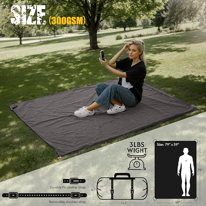 Large Outdoor Waterproof Blanket with Wool - 79" x 59", Extra Thick 300 GSM Fleece, Warm, Wearable, Washable, Portable Stadium Blankets for Camping Picnic, Beach, Sporting Events, Pet, Car