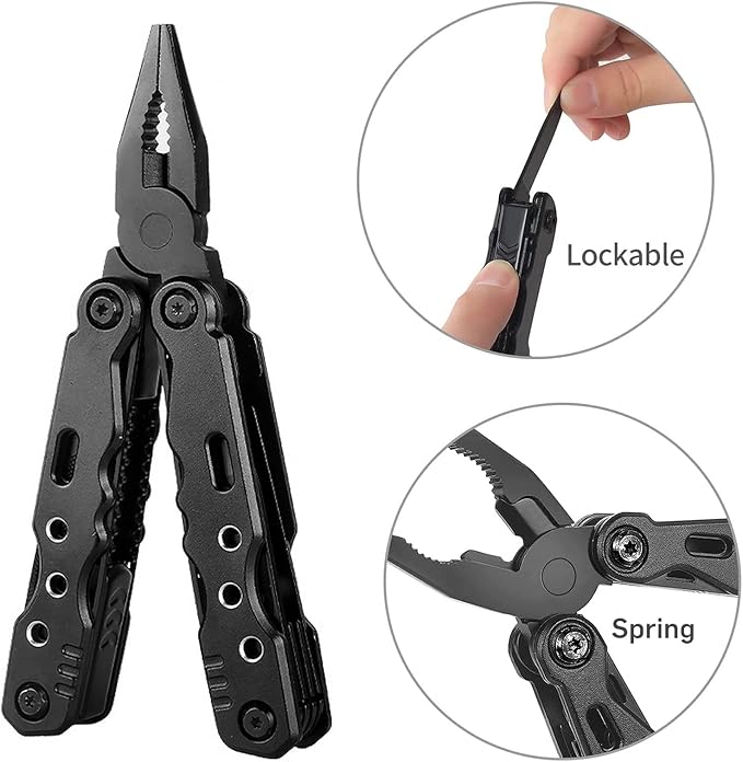 Multitool Pliers Pocket Tool Camping Tool 12 in 1 Multi Tool Gifts for Men Multi Tool with Safety Lock Screwdrivers Saw Bottle Opener Sheath for Camping Survival Hiking Simple Repairs -Black