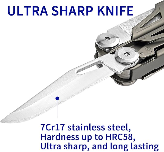 Multitool,19-in-1 Multitool Pliers with Titanium-plated Handle, Safety Locking, Lightweight EDC Tool and Nylon Sheath for Men,Outdoor Survival,Hiking,Camping