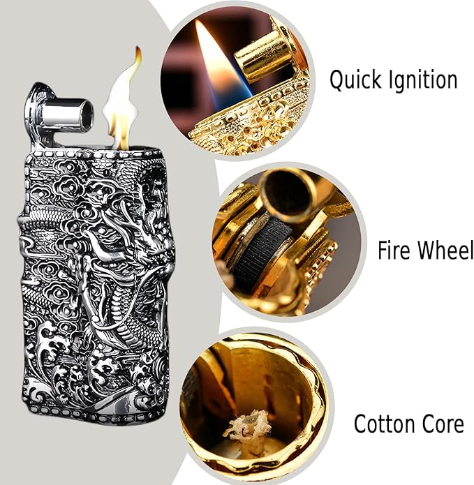 Cool Embossed Design Kerosene Wheel Lighter Refillable Eco-Friendly, Vintage Dazzling & Ultra-Cool, Unique for Men Candles Gift Camping BBQ (No Kerosene) (20#)