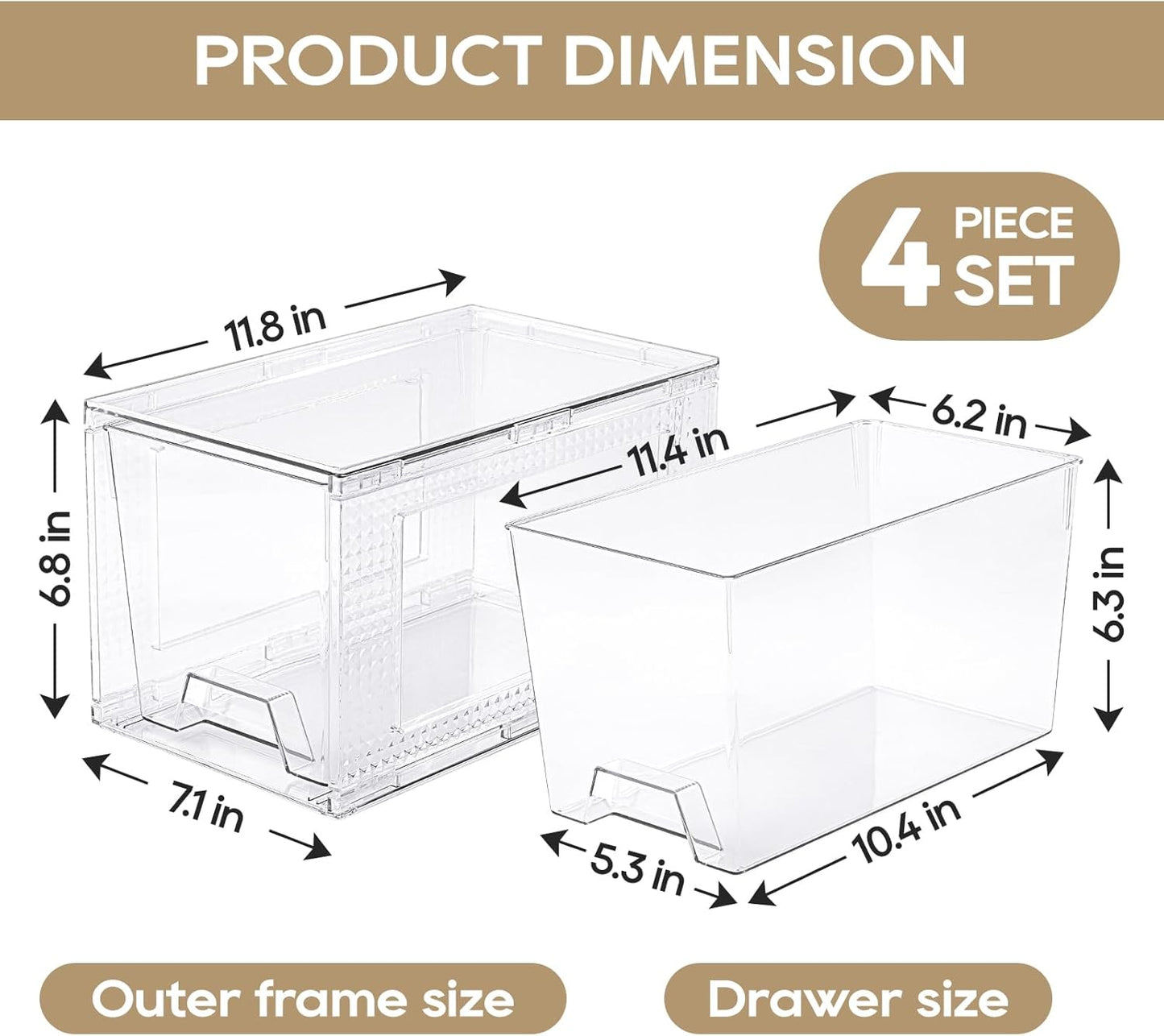 JollyPack 4 Pack Clear Stackable Storage Drawers, Easy to Assemble Multi-Use Bathroom Organizers and Storage, Suitable for Vanity, Bathroom, Makeup, Under Sink, Office, Kitchen and Pantry