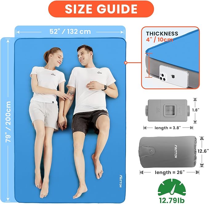 Self Inflating Sleeping Pad with Built-in Electric Pump, 4" Ultra Thick Memory Foam Double Camping Mattress, Fast Deflating Camping Sleeping Pad, 4 Season Insulated Sleeping Pad for Camping, Tent, Car