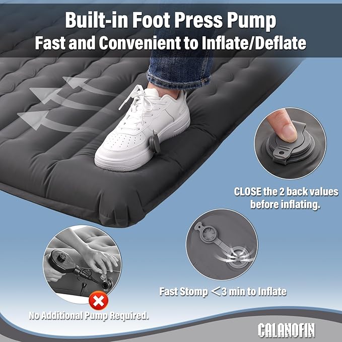 Sleeping Pad for Camping 2 Person Extra 4.7 Inch Thickness Self Inflating Mat with Pillow Built-in Foot Pump Portable Double, Grey