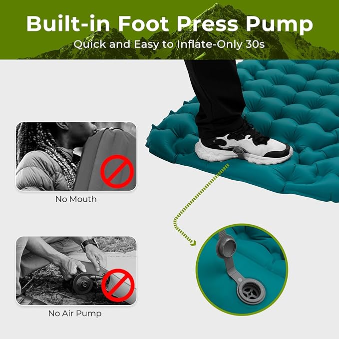 ATEPA Sleeping Pad, Ultralight Camping Backpacking, Inflatable Camping Mattress Built-in Foot Pump Pillow, 77"X27" Outdoor Hiking Trekking Camping Inflatable & Compact Pad Peacock Blue