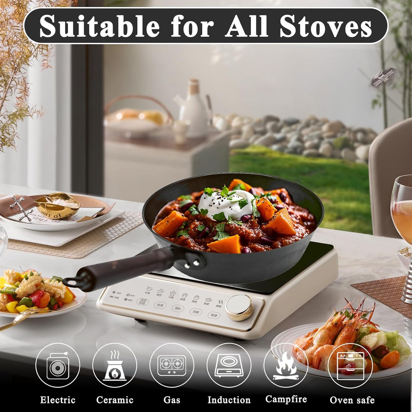 11 Inch ICH Cast Iron Saute Pan with Lid - Handcrafted Clay Mold, Tortoise Shell Texture for Non-Stick, Pre-Seasoned Deep Frying Pan Skillet for All Cooktops & Oven Safe