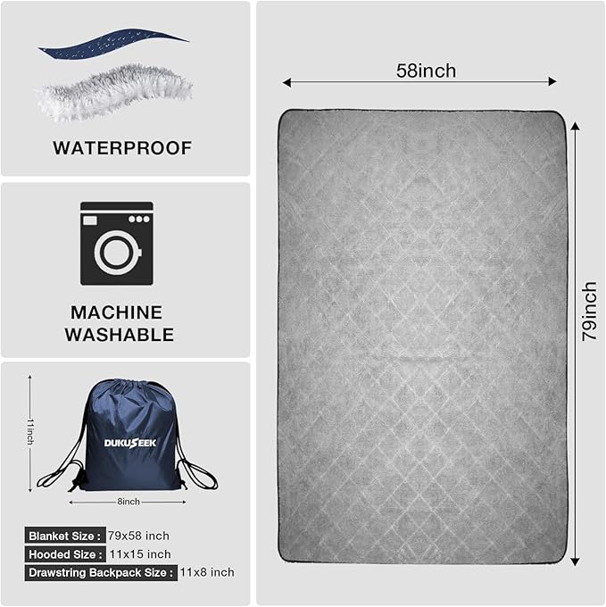 DUKUSEEK Outdoors Waterproof Stadium Blanket with Hood, 79”x 59” Sherpa Fleece Camping Windproof Blankets for Boat, Traveling, Camping, Football, Dogs, Outdoor Sporting Events-Machine Washable