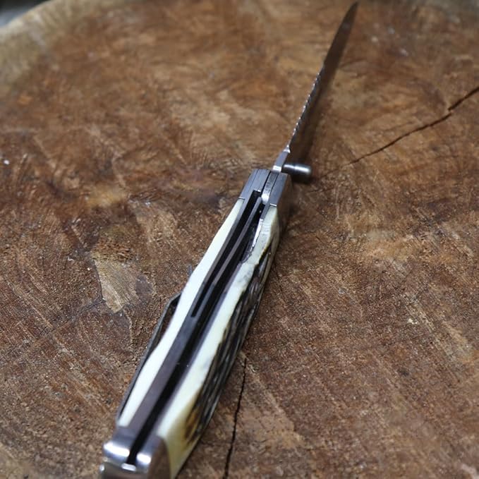 WHISKEY BENT HAT CO. Locking Trapper Folding Pocket Knife 4.125" Closed Length 440C Stainless Steel Blades (Carved Burnt Bone - Serrated)