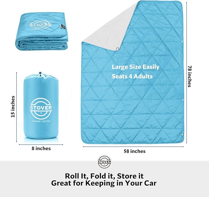 STOVER Outdoor Waterproof Fleece Travel Blanket for Camping, Picnics, Stadiums, Sports, Boating, The Beach– Warm, Windproof, Compact, Lightweight & Sand-Resistant w/Packable Carrying Bag (Light Blue)