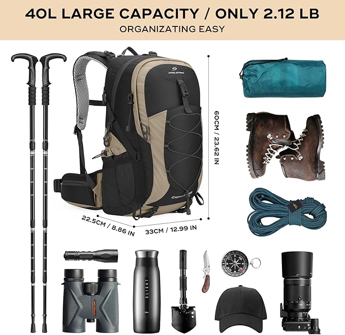 Maelstrom Hiking Backpack,Camping Backpack,40L Waterproof Hiking Daypack with Rain Cover,Lightweight Travel Backpack,Khaki