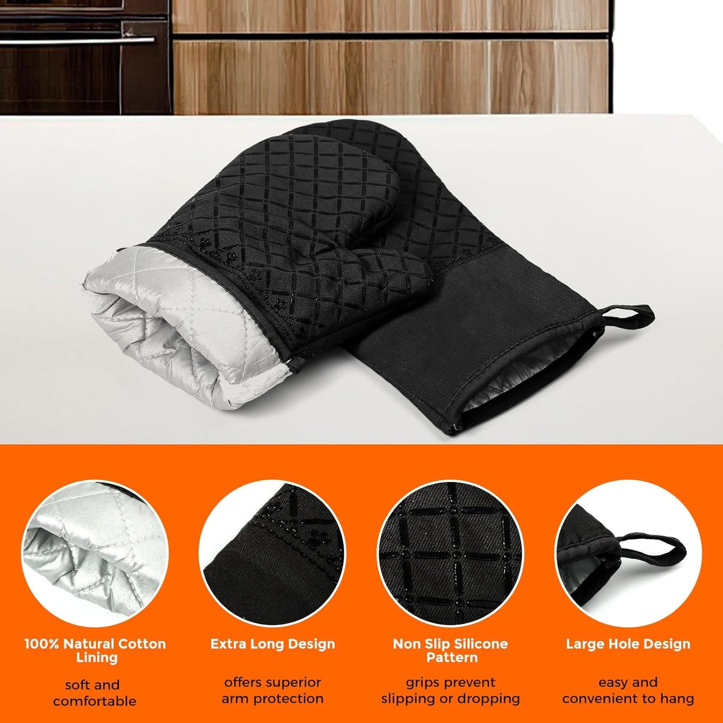 2 Pcs Oven Mitts Heat Resistant for Kitchen, Kitchen Oven Gloves, Long Oven Mitts and Pot holder with Non-Slip Silicone Stripe and Soft Cotton Lining, Silicone Oven Mitts for Cooking Baking BBQ Gloves