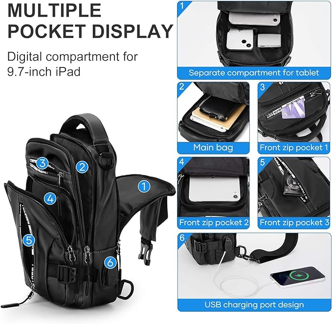 Large Black Sling Bag for Men Women, Mini Anti Theft One Strap Motorcycle Sling Backpack, Small Sling Chest Bag Daypack Crossbody Backpack with Usb Port for Casual Travel Hiking Gym Outdoor Sports