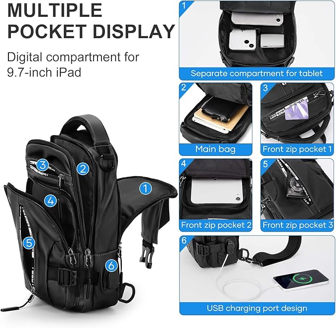 Small Black Sling Crossbody Bag for Men Women, Tactical Backpack Shoulder Daypack Mini Anti-Theft Motorcycle Chest Bags, Small One Strap Backpack for Casual Travel Hiking Outdoor Sports