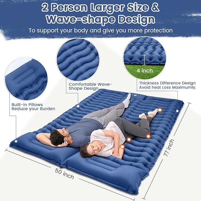 Double Sleeping Pad 4" Self Inflating Camping Mat with Pillow Built-in Foot Pump Portable 2 Person Camping Pad Waterproof Camping Mattress for Camping Backpacking Hiking Traveling Tent Blue…