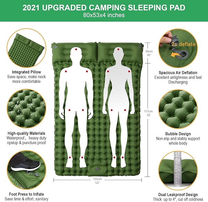 Double Sleeping Pad Inflatable 2 Person Sleeping Mat with Pillow and Foot Pump Extra Thick Ultralight Durable Camping Mat for Backpacking, Hiking