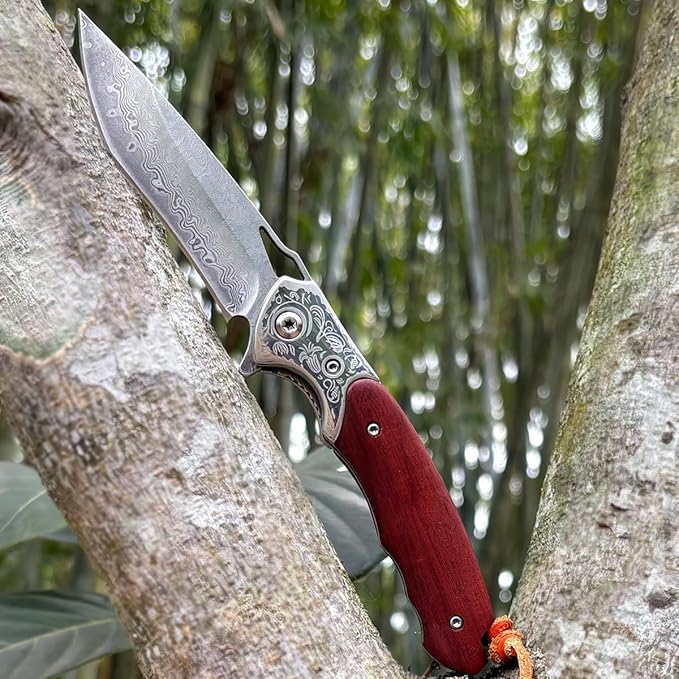 Damascus Pocket Knife with Clipand Leather Sheath, Folding Knife with VG10 Damascus Steel Blade,Wooden Handle, Foldable EDC Knife for Outdoor Survival