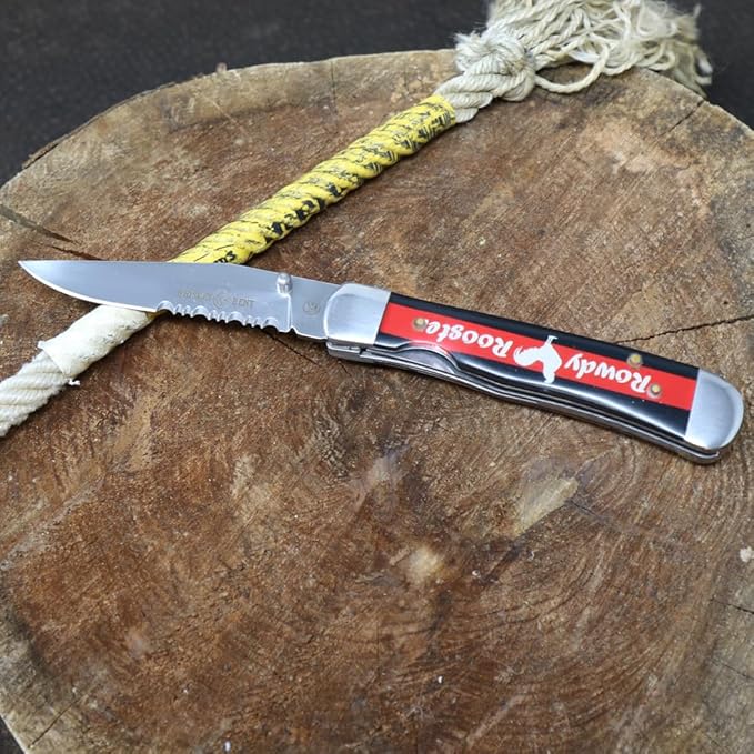 WHISKEY BENT HAT CO. Locking Trapper Folding Pocket Knife 4.125" Closed Length 440C Stainless Steel Blades (Rowdy Rooster - Serrated)