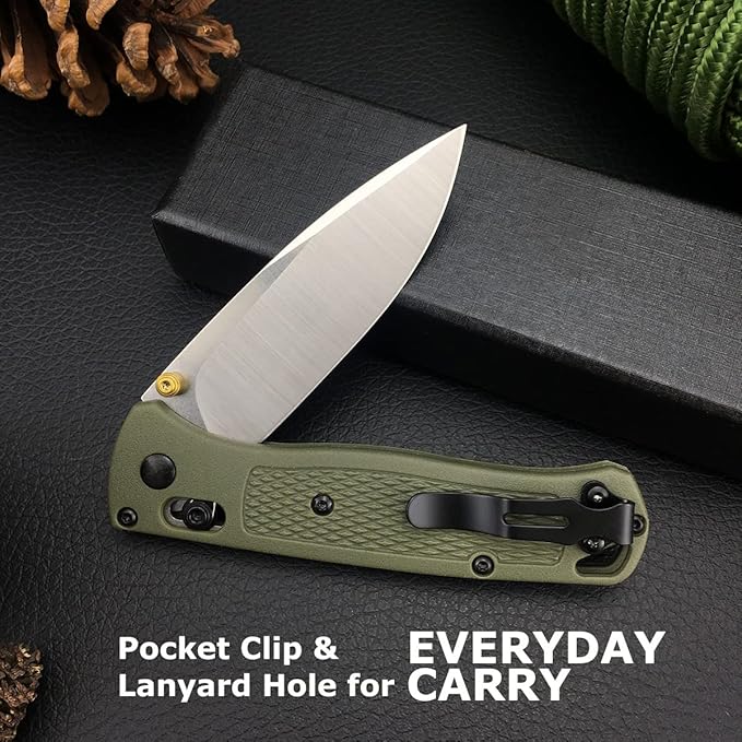 Everyday Carry Bugout Knife, Folding Pocket Knife with 3'' 8Cr13MoV Blade, Plain Edge, Green Glass Reinforced Nylon Grivory Handle with Belt Clip, Axis Lock, Thumb Stud