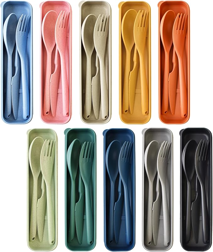 Reusable Utensils Set with Case, 10Pack Large Plastic Cutlery Set Forks Spoon Tableware Chopsticks, Portable Cutlery Set for Travel Picnic Camping or Daily Use