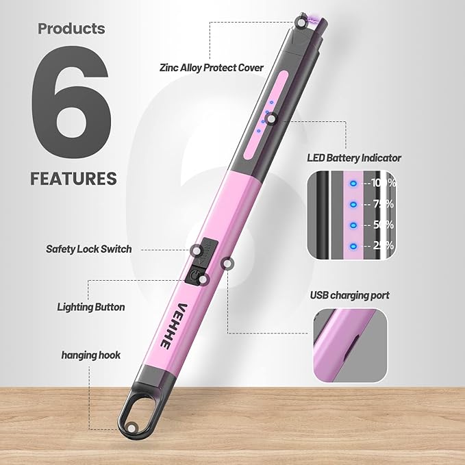 VEHHE Lighter, Electric Candle Lighter Rechargeable, Windproof & Flameless Arc Lighter for Candles, USB Long Lighter for Kitchen Camping（Purple）
