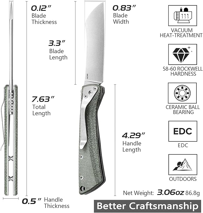 Japanese Pocke Folding Knife with Clip,Stonewashed 14C28N Steel Blade,Green Micarta Handle,Front Flipper Modern Higonokami EDC Knives for Men,Norma-04G