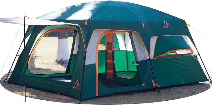 KTT Extra Large Tent 10-12-14 Person(B),Family Cabin Tents,2 Rooms,3 Doors and 3 Windows with Mesh,Straight Wall,Waterproof,Double Layer,Big Tent for Outdoor,Picnic,Camping,Family Gathering