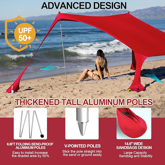 Buheco Beach Tent Pop Up Shade 7x7.5ft Beach Canopy Sun Shelter UPF50+ with 4 Foldable Poles-Portable Carrying Bag-Sand Shovel-Ground Pegs-Windproof Ropes for Outdoor Family Camping-Fishing- Picnic